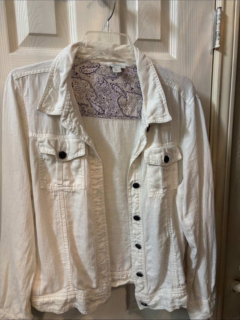 Sundance White Casual Button-Front Shirt Jacket with Paisley Lining